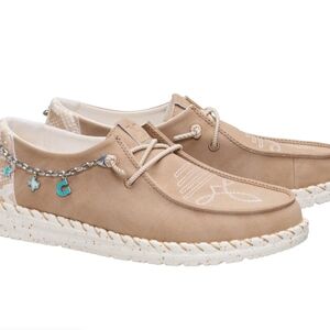 Hey Dude Women's Beige-Tan Slip-On Moccasins with Charm Chain